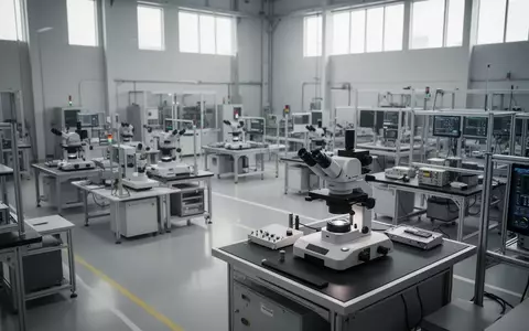 Moderne Produktionshalle für optische Hochtechnologie mit aufgeräumten Arbeitsplätzen in einer Industrieanlage. - Foto: über boerse-global.de