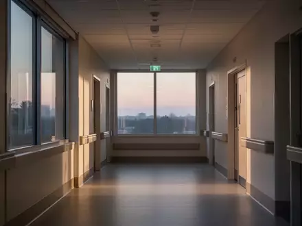 Ein ruhiger, modern gestalteter Krankenhausflur in natürlichem Dämmerlicht ohne Personen. - Foto: über boerse-global.de