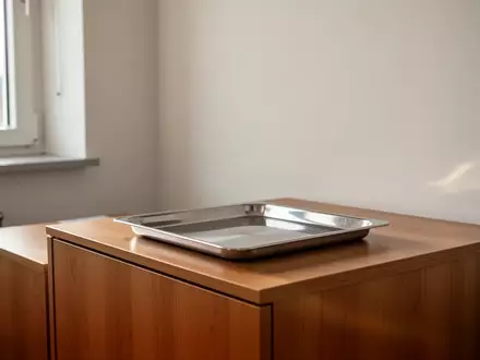 Ein minimalistischer, heller Behandlungsraum in einer Arztpraxis mit einem leeren Edelstahltablett auf einem Holzschrank. - Foto: ĂĽber boerse-global.de