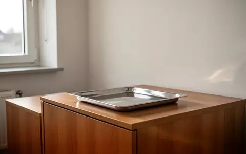 Ein minimalistischer, heller Behandlungsraum in einer Arztpraxis mit einem leeren Edelstahltablett auf einem Holzschrank. - Foto: über boerse-global.de