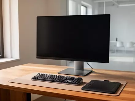 Ein minimalistischer, aufgeräumter Arbeitsplatz mit einem leeren Monitor, einer Tastatur und einem Grafiktablett in einem hellen Studio. - Foto: über boerse-global.de