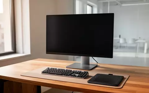 Ein minimalistischer, aufgeräumter Arbeitsplatz mit einem leeren Monitor, einer Tastatur und einem Grafiktablett in einem hellen Studio. - Foto: über boerse-global.de