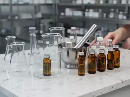 Laborausstattung mit Glasbechern, Mörser und braunen Glasfläschchen auf einem sauberen Apothekentresen. - Foto: über boerse-global.de