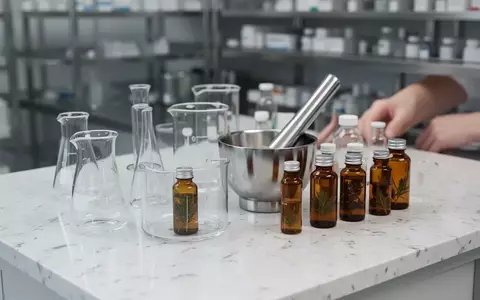 Laborausstattung mit Glasbechern, Mörser und braunen Glasfläschchen auf einem sauberen Apothekentresen. - Foto: über boerse-global.de