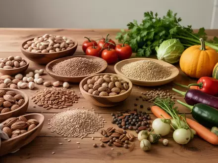 Eine Auswahl an frischen, unverarbeiteten Lebensmitteln wie Nüssen, Vollkornprodukten und Gemüse auf einem Holztisch. - Foto: über boerse-global.de