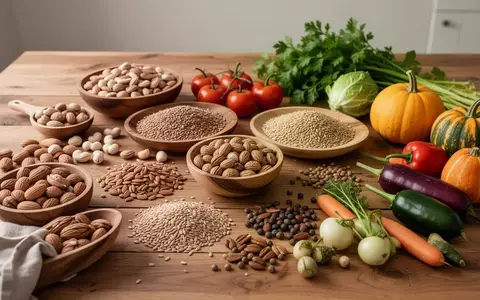 Eine Auswahl an frischen, unverarbeiteten Lebensmitteln wie Nüssen, Vollkornprodukten und Gemüse auf einem Holztisch. - Foto: über boerse-global.de