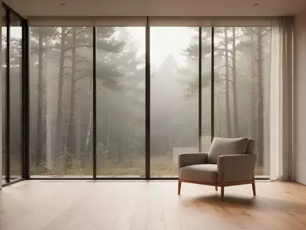 Ein ruhiger, minimalistischer Raum mit großen Fenstern und Blick in die Natur, der eine Atmosphäre der Stille vermittelt. - Foto: über boerse-global.de