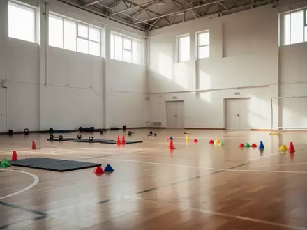 Leere Sporthalle mit aufgeräumten Trainingsgeräten und hellem Hallenboden für die Vorbereitung junger Athleten. - Foto: über boerse-global.de