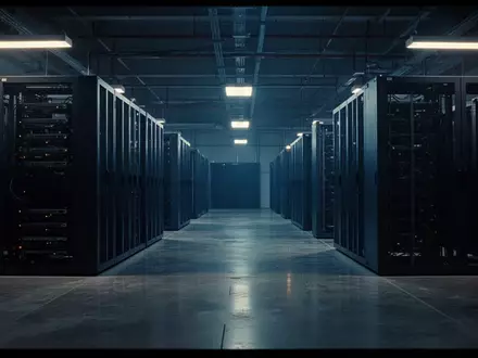 Ein dunkler, menschenleerer Serverraum mit langen Reihen von Serverschränken in kühler, atmosphärischer Beleuchtung. - Foto: über boerse-global.de