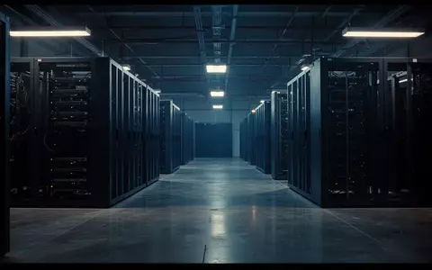 Ein dunkler, menschenleerer Serverraum mit langen Reihen von Serverschränken in kühler, atmosphärischer Beleuchtung. - Foto: über boerse-global.de