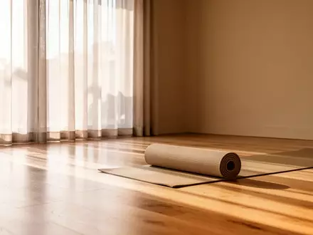 Ein minimalistischer, lichtdurchfluteter Übungsraum mit Holzboden und einer zusammengerollten Sportmatte. - Foto: über boerse-global.de