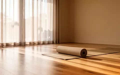 Ein minimalistischer, lichtdurchfluteter Übungsraum mit Holzboden und einer zusammengerollten Sportmatte. - Foto: über boerse-global.de