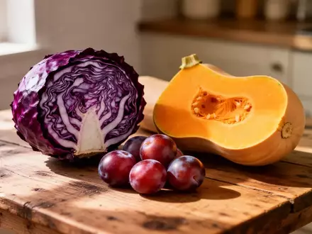 Frisches herbstliches Gemüse wie Rotkohl, Kürbis und Pflaumen auf einem Holztisch. - Foto: über boerse-global.de