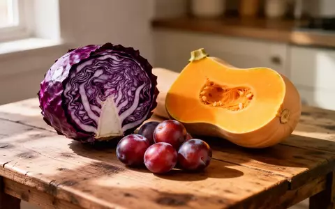 Frisches herbstliches Gemüse wie Rotkohl, Kürbis und Pflaumen auf einem Holztisch. - Foto: über boerse-global.de