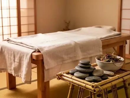 Ein minimalistischer Behandlungsraum mit einer schlichten Massageliege, Naturmaterialien und warmem Licht für Entspannung. - Foto: über boerse-global.de