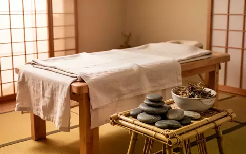 Ein minimalistischer Behandlungsraum mit einer schlichten Massageliege, Naturmaterialien und warmem Licht für Entspannung. - Foto: über boerse-global.de