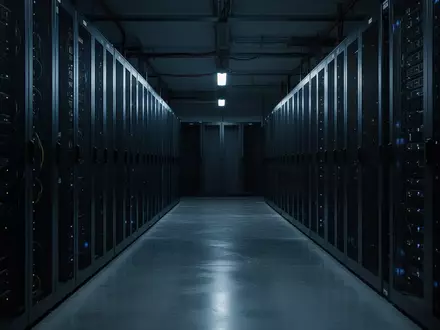 Dunkler, minimalistischer Serverraum mit unbeleuchteten Server-Racks und blauem Umgebungslicht auf einem Betonboden. - Foto: über boerse-global.de