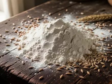Nahaufnahme von Bio-Roggenmehl und Getreide auf einem rustikalen Holztisch in einer Backstube. - Foto: über boerse-global.de