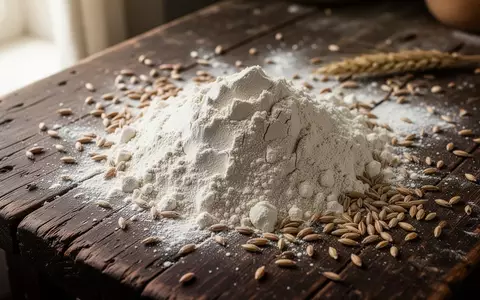 Nahaufnahme von Bio-Roggenmehl und Getreide auf einem rustikalen Holztisch in einer Backstube. - Foto: über boerse-global.de