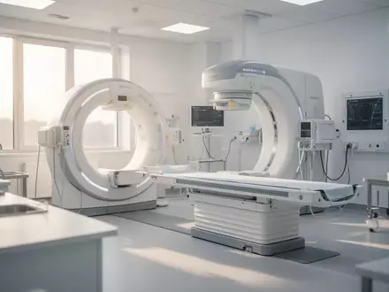 Ein heller, steriler Raum in einer medizinischen Radiologie-Abteilung mit moderner Technik im Hintergrund. - Foto: über boerse-global.de