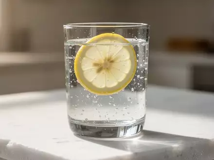 Ein Glas mit klarem Wasser und einer Zitronenscheibe auf einer hellen Steinfläche in einer minimalistischen Umgebung. - Foto: über boerse-global.de