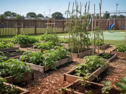 Ein sonniges Schul- oder Kita-Gartenbeet mit verschiedenen Gemüsepflanzen in einem gepflegten Außenbereich. - Foto: über boerse-global.de