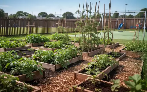 Ein sonniges Schul- oder Kita-Gartenbeet mit verschiedenen Gemüsepflanzen in einem gepflegten Außenbereich. - Foto: über boerse-global.de