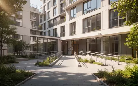 Ein barrierefreier Wohnkomplex mit einer Rampe und befestigten Wegen im Außenbereich bei Tageslicht. - Foto: über boerse-global.de