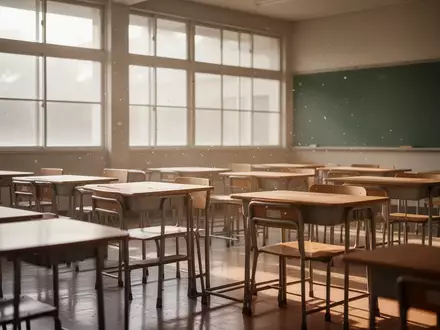 Ein leerer, sonnendurchfluteter Klassenraum mit ordentlich aufgestellten Holztischen und Stühlen in einer ruhigen Atmosphäre. - Foto: über boerse-global.de