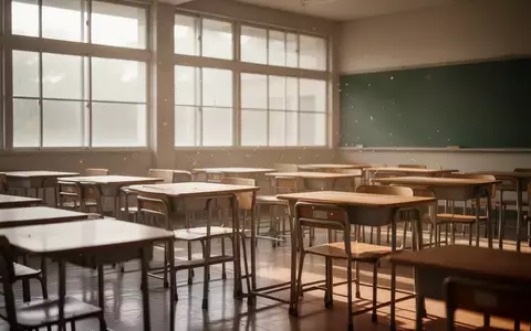 Ein leerer, sonnendurchfluteter Klassenraum mit ordentlich aufgestellten Holztischen und Stühlen in einer ruhigen Atmosphäre. - Foto: über boerse-global.de