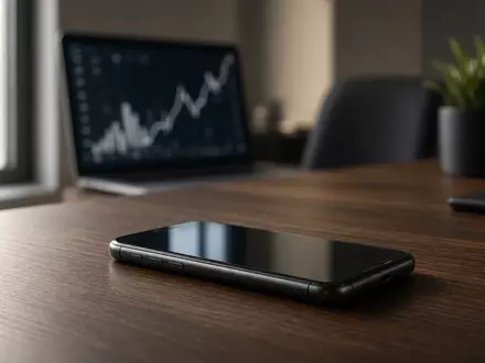 Ein minimalistischer Büro-Arbeitsplatz mit einem Smartphone auf einem dunklen Holztisch bei natürlichem Tageslicht. - Foto: über boerse-global.de