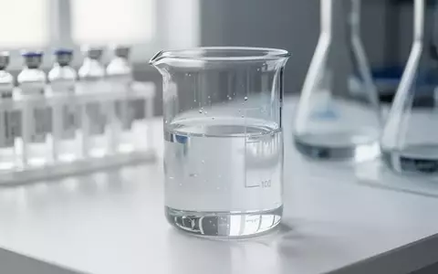 Ein sauberes, wissenschaftliches Laborumfeld mit einem Glasbecher auf einem sterilen weißen Labortisch, im Hintergrund unscharfe Laborgefäße. - Foto: über boerse-global.de
