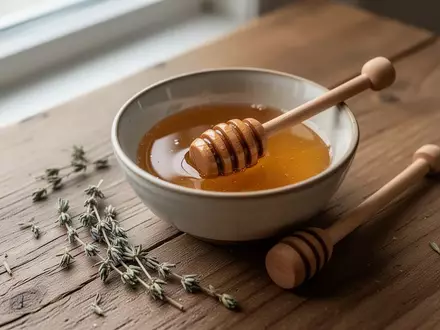 Eine Nahaufnahme von Honig in einer Keramikschale mit einem Honiglöffel und getrocknetem Thymian auf einem Holztisch. - Foto: über boerse-global.de