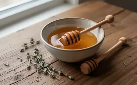 Eine Nahaufnahme von Honig in einer Keramikschale mit einem Honiglöffel und getrocknetem Thymian auf einem Holztisch. - Foto: über boerse-global.de