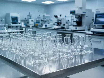 Sauberes, steriles Labor mit wissenschaftlichen Glaswaren auf einem Edelstahltisch, das eine professionelle Forschungsumgebung darstellt. - Foto: über boerse-global.de