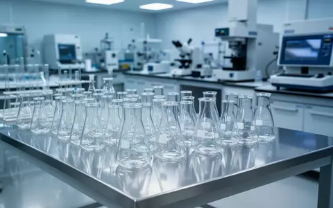 Sauberes, steriles Labor mit wissenschaftlichen Glaswaren auf einem Edelstahltisch, das eine professionelle Forschungsumgebung darstellt. - Foto: über boerse-global.de
