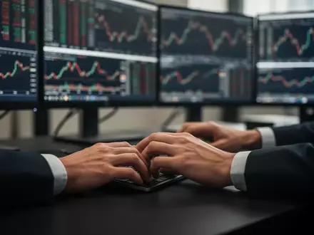 Ein Börsenhändler arbeitet an einem Schreibtisch mit verschwommenen Finanzdiagrammen auf den Monitoren im Hintergrund. - Foto: über boerse-global.de