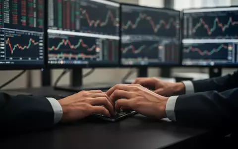 Ein Börsenhändler arbeitet an einem Schreibtisch mit verschwommenen Finanzdiagrammen auf den Monitoren im Hintergrund. - Foto: über boerse-global.de