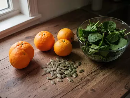 Frische Orangen und Kürbiskerne auf einer hölzernen Arbeitsplatte neben einer Schüssel mit grünem Salat. - Foto: über boerse-global.de