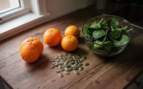Frische Orangen und Kürbiskerne auf einer hölzernen Arbeitsplatte neben einer Schüssel mit grünem Salat. - Foto: über boerse-global.de