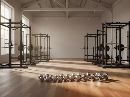 Ein heller, minimalistischer Fitnessraum mit Holzboden, Hantelstangen und Hanteln in einer ruhigen, professionellen Umgebung. - Foto: über boerse-global.de