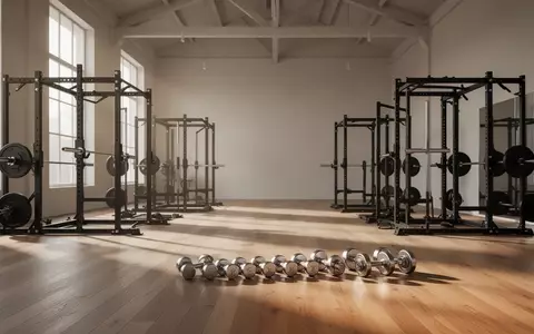 Ein heller, minimalistischer Fitnessraum mit Holzboden, Hantelstangen und Hanteln in einer ruhigen, professionellen Umgebung. - Foto: über boerse-global.de