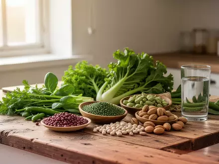 Frische, unverarbeitete Lebensmittel wie Gemüse und Hülsenfrüchte auf einem Holztisch als Symbol für gesunde Ernährung. - Foto: über boerse-global.de