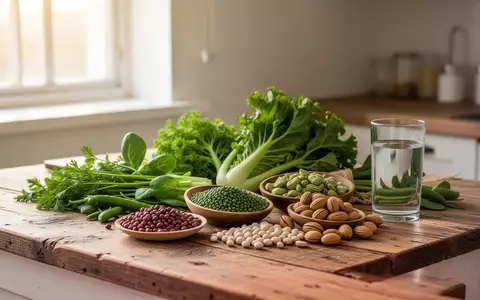 Frische, unverarbeitete Lebensmittel wie Gemüse und Hülsenfrüchte auf einem Holztisch als Symbol für gesunde Ernährung. - Foto: über boerse-global.de