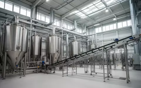 Moderne industrielle Produktionsanlage mit großen Edelstahltanks und automatisierten Förderbändern in einer hellen Werkshalle. - Foto: über boerse-global.de