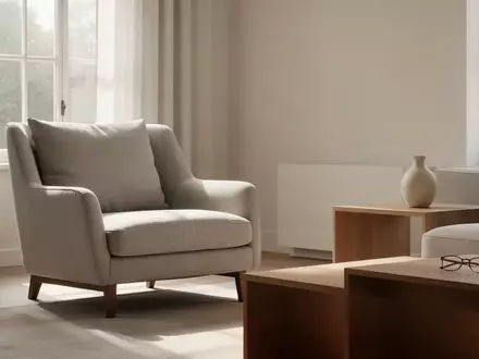 Ein helles, minimalistisch eingerichtetes Wohnzimmer mit einem Sessel und einem Beistelltisch bei Tageslicht. - Foto: über boerse-global.de