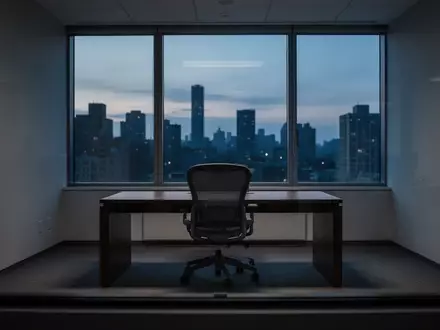 Ein leeres, minimalistisches Büro in der Dämmerung mit Blick auf die Stadt bei Nacht. - Foto: über boerse-global.de