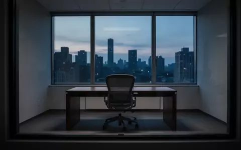 Ein leeres, minimalistisches Büro in der Dämmerung mit Blick auf die Stadt bei Nacht. - Foto: über boerse-global.de