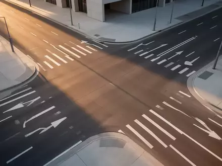 Eine moderne, leere Straßenkreuzung aus der Vogelperspektive mit klaren Fahrbahnmarkierungen bei Sonnenlicht. - Foto: über boerse-global.de