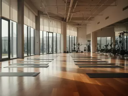 Ein minimalistischer Fitnessraum mit ordentlich ausgelegten Yogamatten und großen Fenstern, die helles Tageslicht einlassen. - Foto: über boerse-global.de